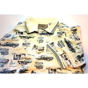 North River Large Beige Old Car Design Short Sleeve Button Up Neckline 100% Cot.